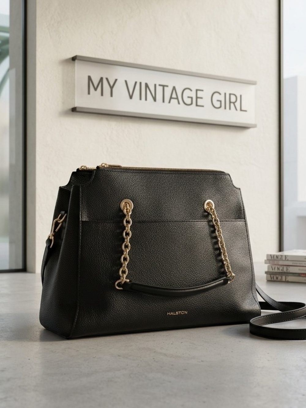 Halston Heritage Black Pebbled Leather Shoulder Tote with Gold Chain